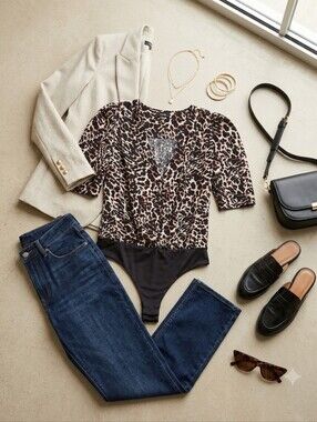EUC AFRM Animal Print Deep V-Neck Puffy Shoulders Bodysuit, Size S/P